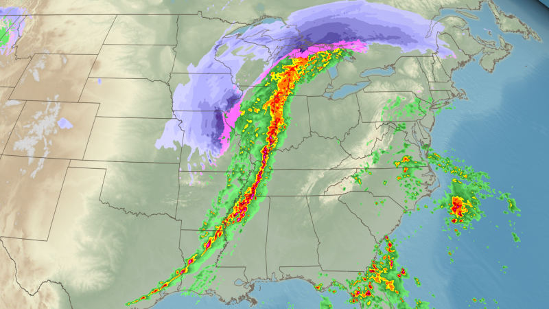 A powerful cross-country storm is raising the threat of severe thunderstorm development while also dumping several feet of snow